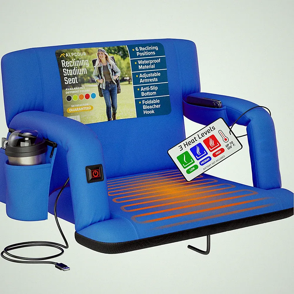 ALPCOUR HEATED RECLINING STADIUM SEAT 24" EXTRA-WIDE BLEACHER CHAIR - ROYAL BLUE