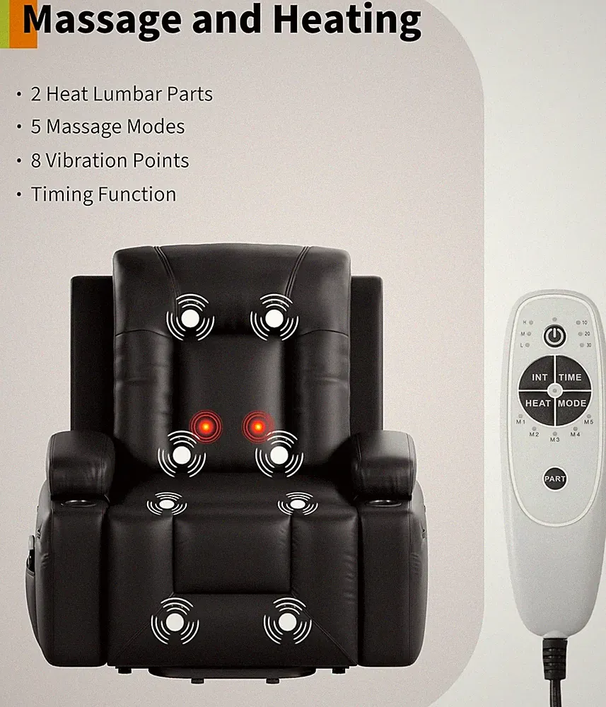 Power Lift Recliner Chair, PU Leather Sofa w Heat & Massage, Adjustable Back&Leg