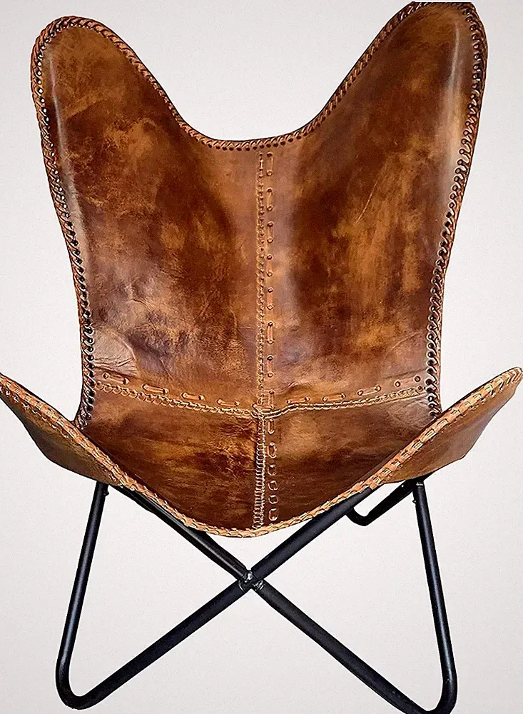 Vintage Handmade Leather Lounge Accent Butterfly Brown Chair Relax Arm Chair